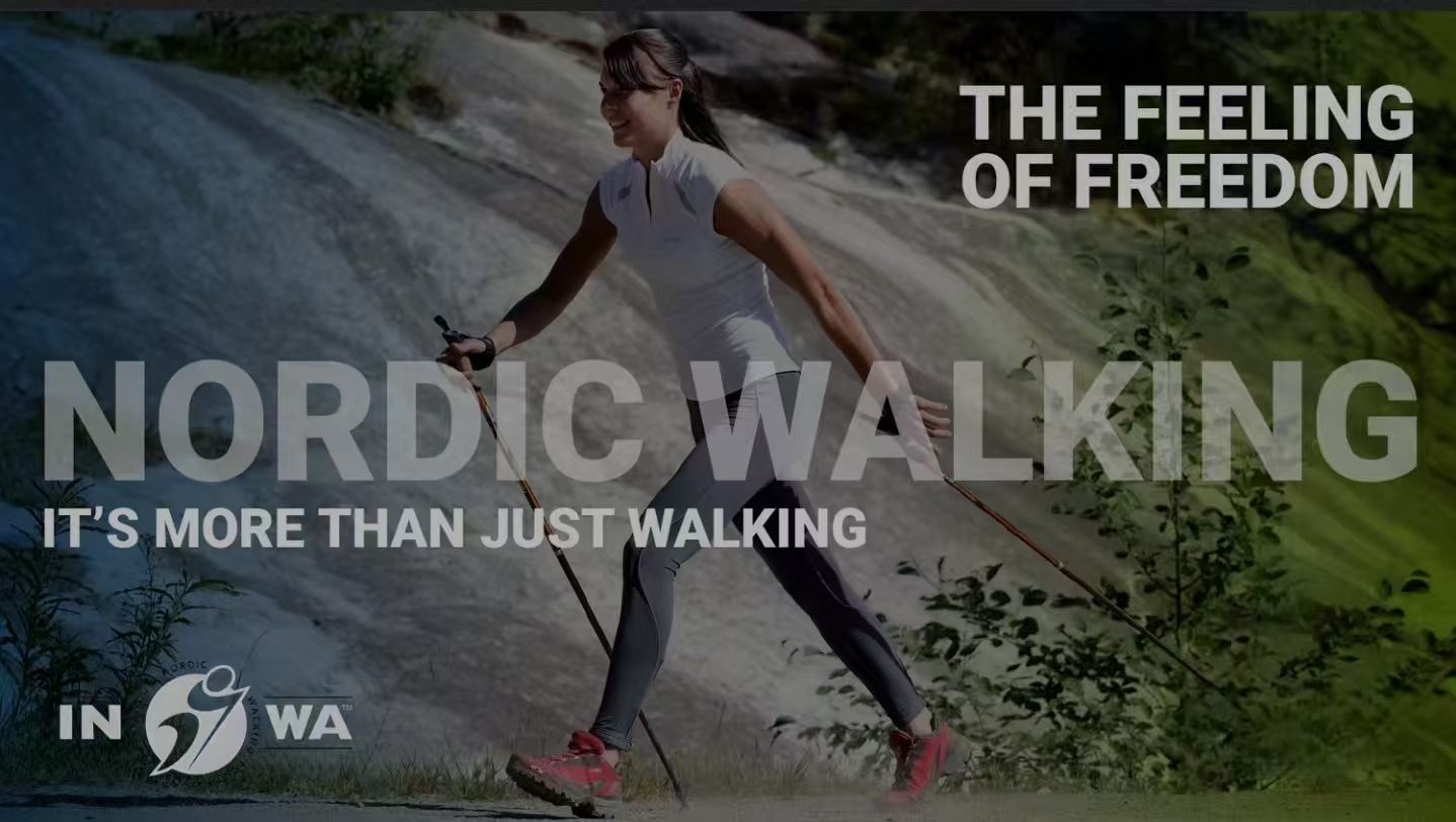 INWA campaign image: The feeling of freedom. Nordic Walking — it's more than just walking. A woman Nordic Walking past a rock face.