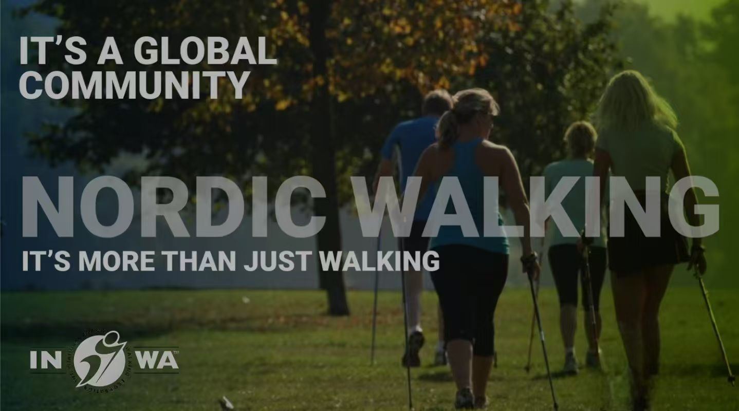 INWA campaign image: It's a global community. Nordic Walking — it's more than just walking. A group walking with poles through a park.